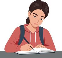 A focused student writing in a notebook while sitting at a desk in a flat illustration vector