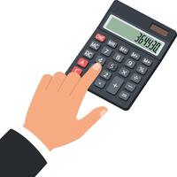 Hand pressing buttons on a calculator in flat design style art vector