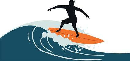 Surfer riding a vibrant wave in a dynamic flat design illustration vector