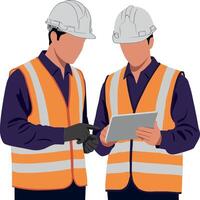 Two construction workers in safety vests discussing project details with a tablet in a flat illustration vector
