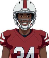 Football player in a red jersey and helmet smiling confidently, minimal art vector