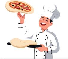 Happy chef in a white uniform tossing pizza dough with a joyful expression in a minimal illustration vector