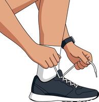 Man tying shoelaces on a running shoe in a flat, minimal style illustration vector