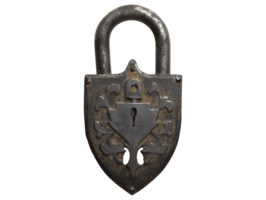 Detailed view of an antique ornate padlock with a shield-shaped design and visible rust png