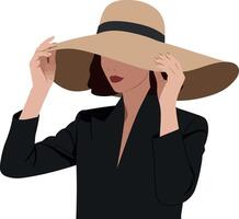 Elegant woman adjusting large sun hat in minimal style illustration vector