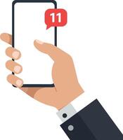 A hand holding a smartphone displaying notification alerts in a flat illustration style vector