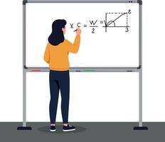 A woman in a yellow sweater solving math equations on a whiteboard in a minimal illustration vector