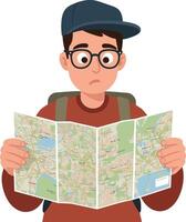 A confused young man studying a detailed map while wearing a cap and backpack in a flat illustration vector