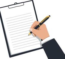 Hand holding a pen writing on a clipboard in flat illustration style vector