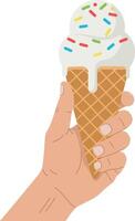 Hand holding a delicious ice cream cone with colorful sprinkles in flat art vector