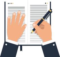Hands writing notes in a notebook with a pen, flat illustration of a productive workspace vector