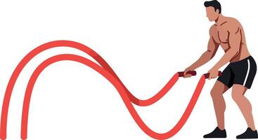 A muscular man exercising with battle ropes in a flat, minimal style illustration vector