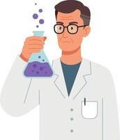 Scientist in a lab coat examining a purple liquid in a beaker, flat art vector