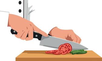 Chefs hands expertly slicing fresh tomatoes and asparagus on a wooden cutting board in minimal art vector