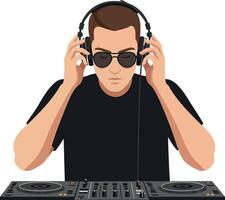 DJ focused on mixing tracks at a turntable in minimal art vector