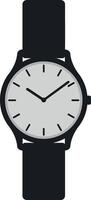 Stylish black wristwatch featuring a minimal design with a classic round face in flat art vector