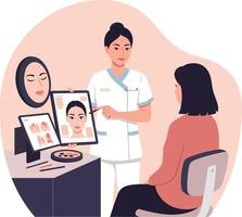 Professional woman demonstrating makeup techniques to a client in a minimal illustration vector