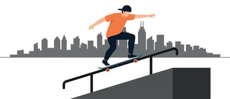 Skateboarder performing tricks on a rail in a minimal urban skyline illustration vector