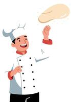 Chef in white uniform joyfully tossing pizza dough in the air, minimal flat design illustration vector