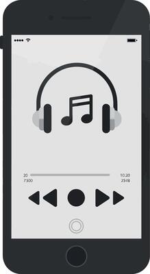 Smartphone displaying music player interface with headphones in flat illustration