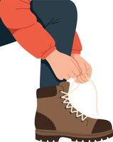Person tying hiking boot laces in a casual outdoor setting with flat art style vector