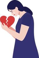 A woman holding a broken heart in her hands, expressing sadness, minimal illustration, emotional tone vector