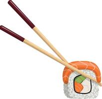 Sushi roll with salmon and avocado topped with orange fish skin in flat art vector