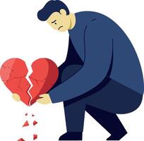 Man kneeling with a broken heart, expressing sadness in flat illustration vector