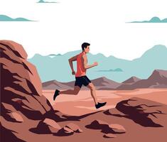 A man running energetically across rocky terrain in a flat illustration vector