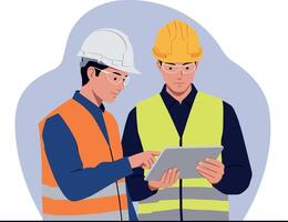 Two construction workers in safety gear analyzing plans with a tablet in a minimal illustration vector