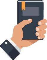 Hand holding a black notebook with a bookmark in a minimal flat illustration vector