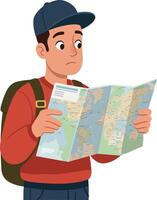 Young traveler with a backpack studying a map in a flat illustration vector