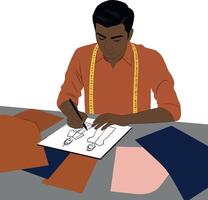 Tailor sketching clothing designs in a minimal style with measuring tape surrounded by fabric swatches art vector