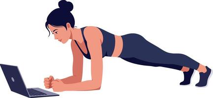 Woman performing a plank exercise while using a laptop in a flat illustration vector