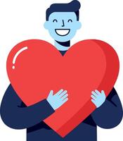 A cheerful man holding a large red heart in a minimalist flat design illustration vector