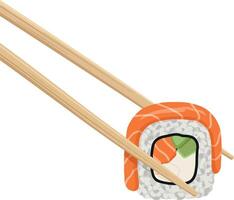 Sushi roll held with chopsticks in a minimal and colorful design showcasing fresh ingredients illustration vector