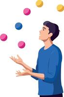 A young man skillfully juggling colorful balls in a flat, minimal design illustration vector