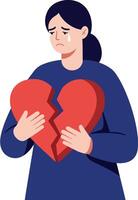 A woman holding a broken heart symbol with a sad expression in a minimal illustration vector