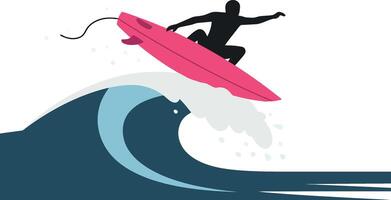 A surfer performing an aerial move on a vibrant wave in flat art vector