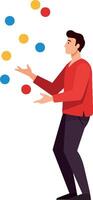 A man in a red shirt skillfully juggling colorful balls in a playful, minimalist style art vector