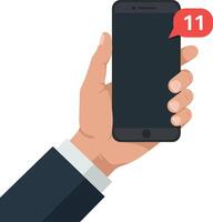 Hand holding a smartphone displaying notification alerts in flat art vector