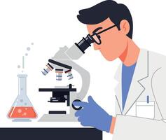 Scientist in a lab coat observing specimens under a microscope in a flat illustration vector