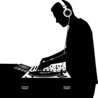 DJ silhouette focused on mixing tracks at a turntable in minimal style art vector