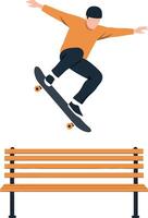 Skateboarder performing a dynamic jump over a park bench in flat art vector
