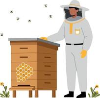 Beekeeper in protective suit tending to beehive with bees flying around in flat illustration vector