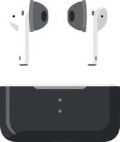 Wireless earbuds resting in a sleek black charging case, minimal illustration showcasing modern audio technology vector