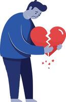 A man holding a broken heart symbol in a minimal flat design illustration expressing heartbreak and emotional distress vector