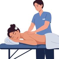 Massage therapist giving a soothing back massage to a relaxed woman in a minimal illustration vector