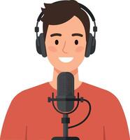 Young man with headphones smiling while speaking into a microphone in a flat illustration vector
