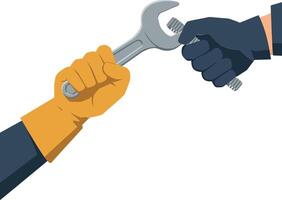 Hands gripping a silver wrench in a collaborative effort, flat illustration showcasing teamwork and tool usage in a professional setting vector
